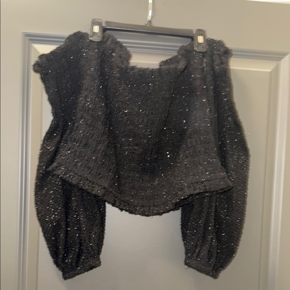 Mango Black Sequin Puff Sleeve Crop Top